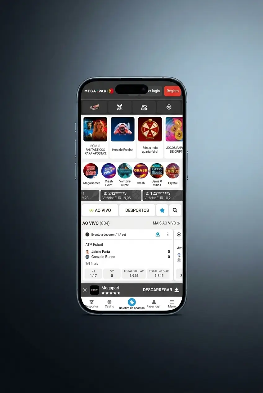 Tela do iPhone mostrando instalação do app MegaPari via App Store com ícone na tela inicial do iOS
