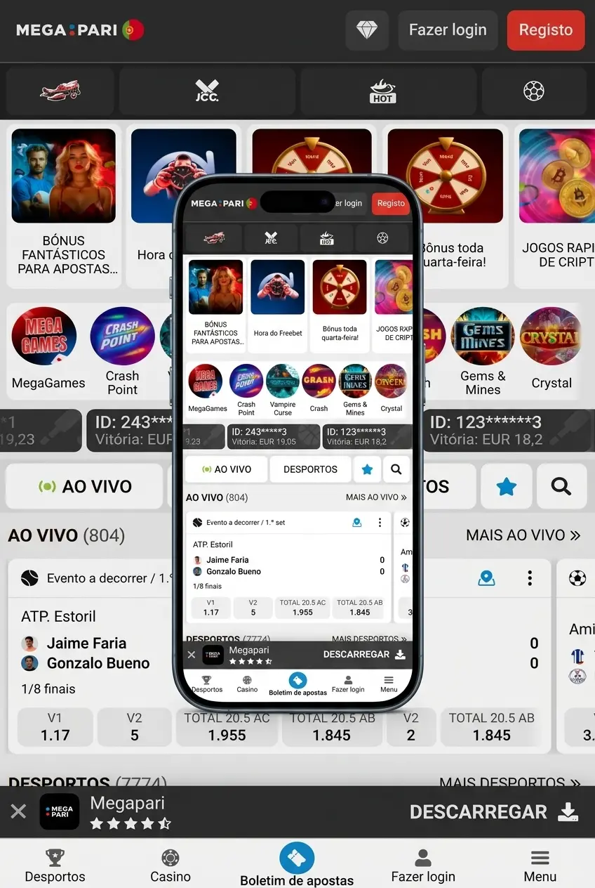 Tela de instalação do app MegaPari no iPhone via App Store com ícone na tela inicial do iOS