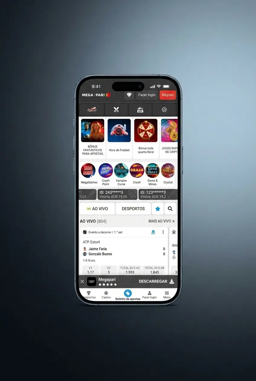 Tela de instalação do app MegaPari no iPhone via App Store com ícone na tela inicial do iOS